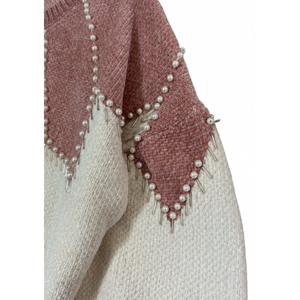 POL Pink White Knit Women’s Sweater Beaded Pearl Details Size M - Picture 4 of 8